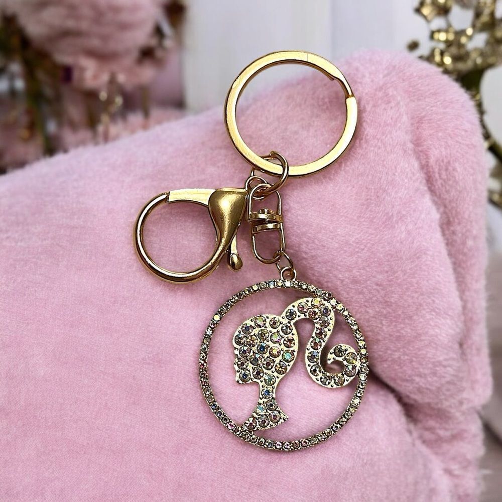 Barbie White Aurora Borealis Rhinestone Gold Tone Keychain/Bag Charm